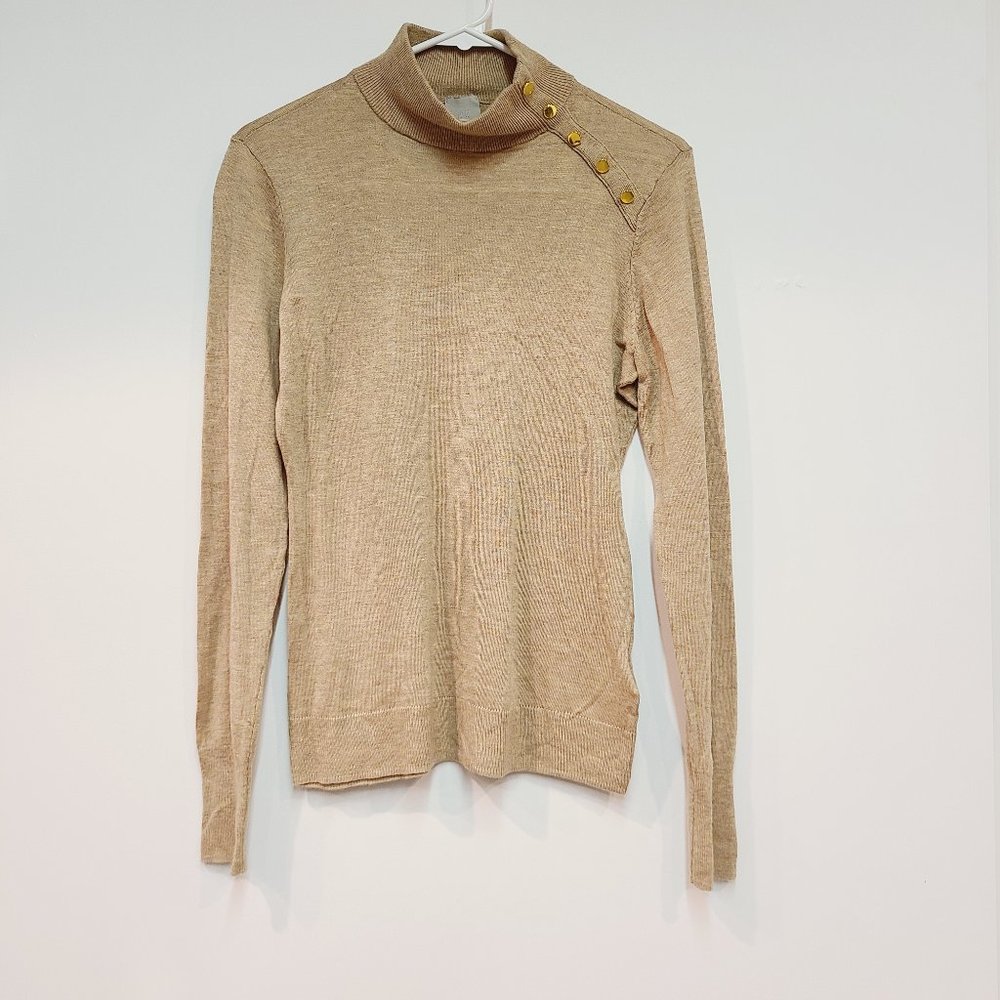 H&M Camel Tan Mock Neck Gold Button Sweater